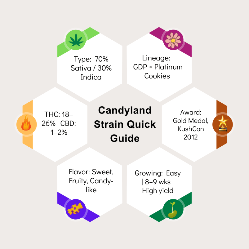 Candyland strain quick guide with type, lineage, THC, CBD, flavor, and growing details