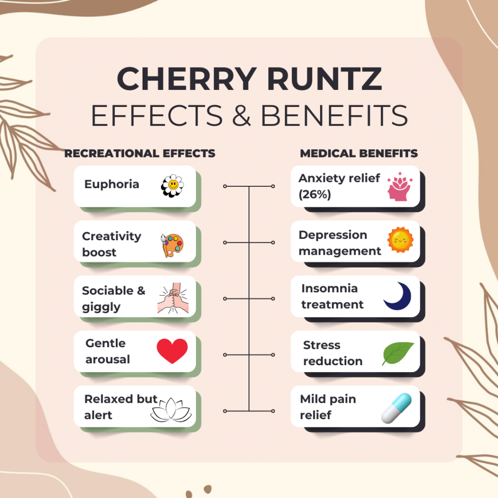 Infographic showing Cherry Runtz recreational effects (euphoria, creativity, relaxation) and medicinal benefits (anxiety, depression, insomnia relief).