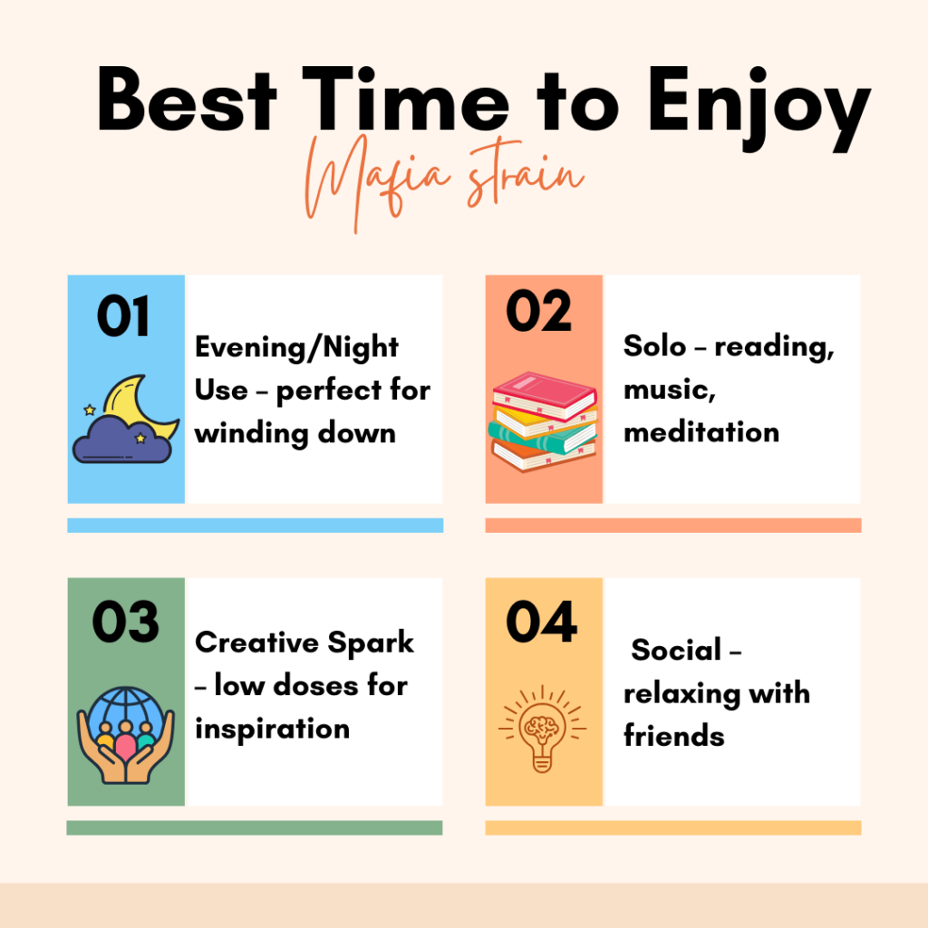Infographic of Mafia Funeral strain best time to enjoy: evening use, solo relaxation, creative boost, and social chill sessions.