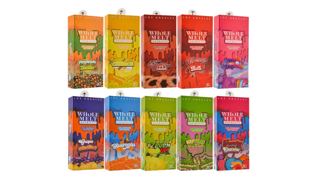 Assorted Whole Melt Extracts disposable vape packaging featuring multiple cannabis strain flavors like Pineapple Zkittle, Grape Gasoline, Bluemosa, and more