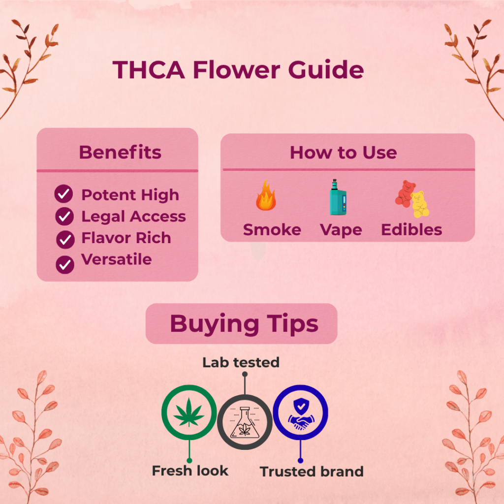 Infographic showing THCA flower benefits, risks, how to use, and buying tips