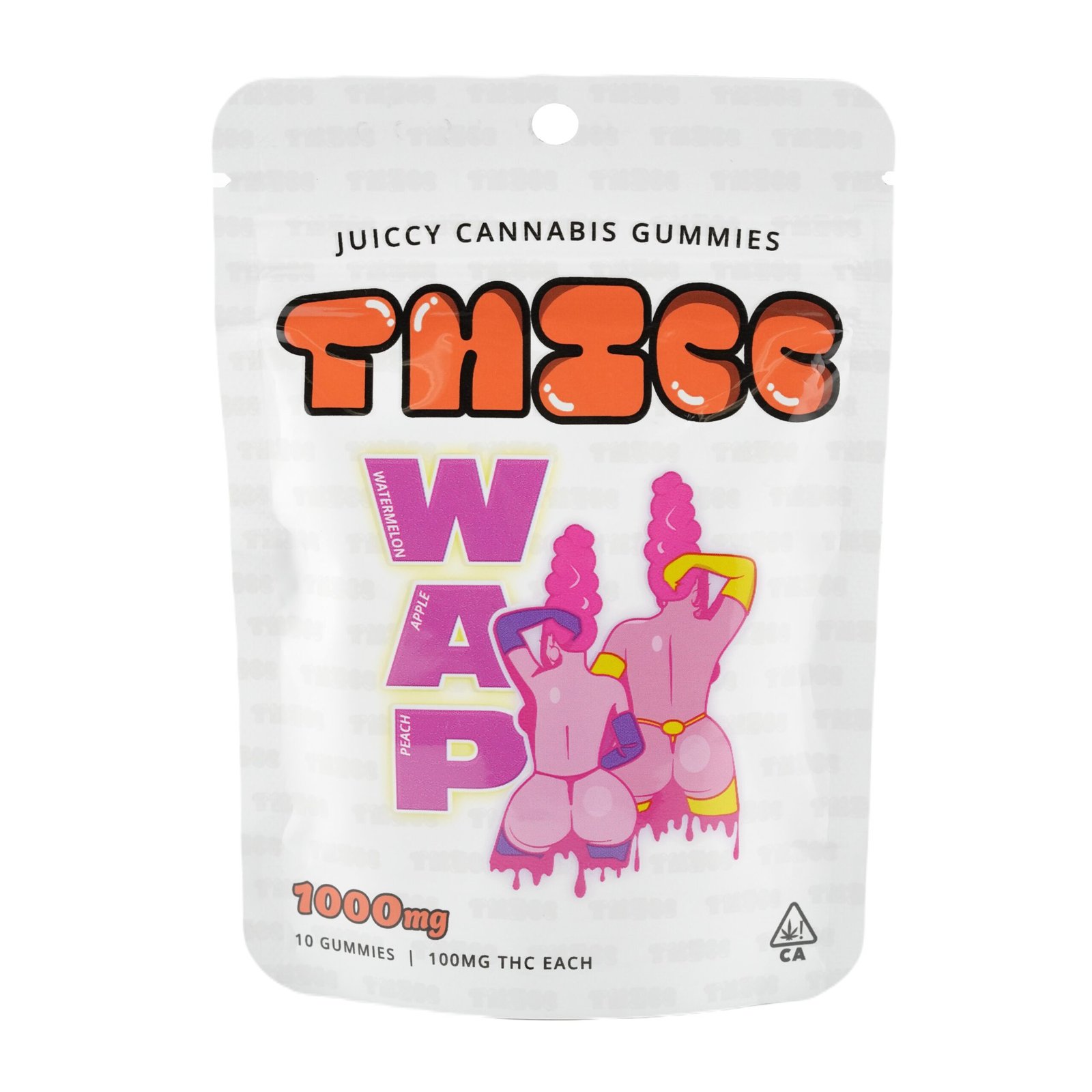 Thicc 1000mg cannabis gummies bag with WAP branding.
