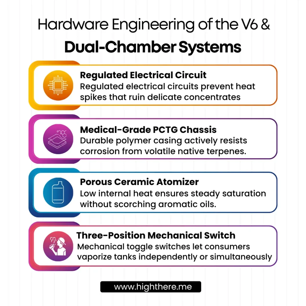 Infographic diagram illustrating Whole Melts V6 dual-chamber hardware engineering, highlighting the 3.7V regulated circuit, PCTG polymer chassis, porous ceramic atomizer, and thermal isolation switch.